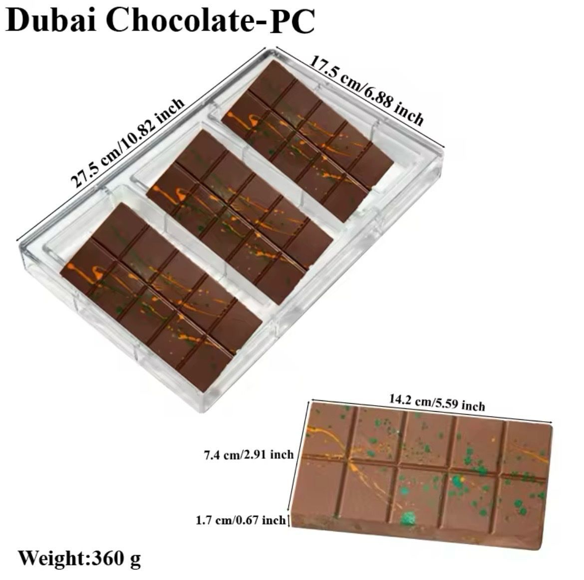3 Cavity Dubai Chocolate Polycarbonate Mold 