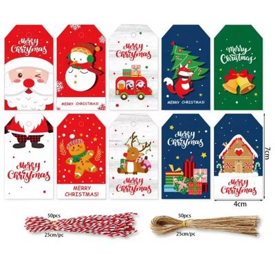 Christmas Tags Mixed Designs ( with rope )  Pack/ 50 Pieces 