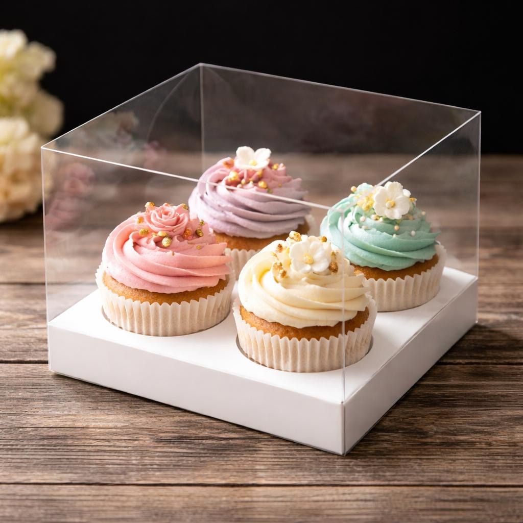 4 Cavity Transparent Cupcake Boxe Extra Height ( Black Color ) Lot / 5 Box