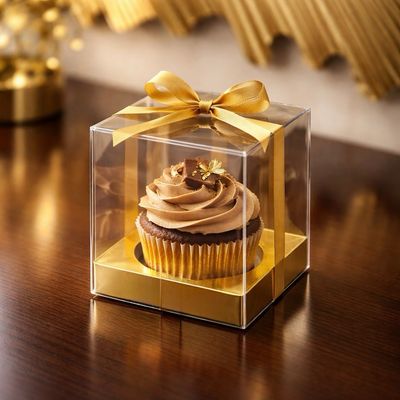 Transparent Gold single cupcake box + tray + ribbon 