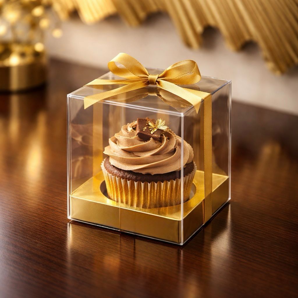 Transparent Gold single cupcake box + tray + ribbon 