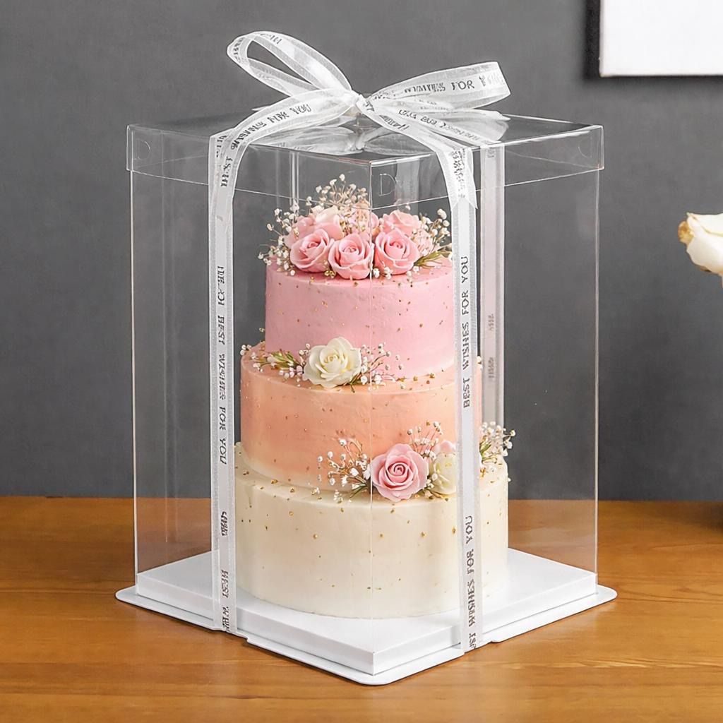 Tall Transparent Cake Box ( White Base ) Size 43*43*45cm