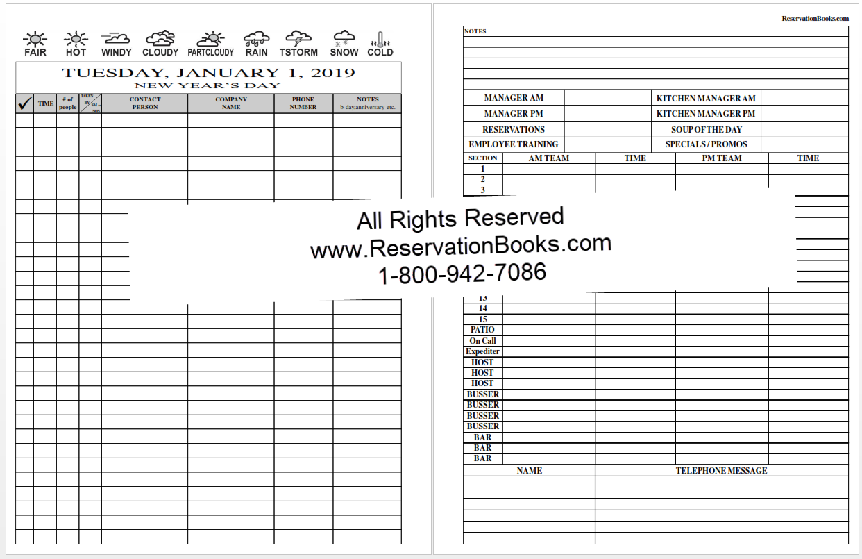 Front of House Reservation Book-Three Ring Refill pages only (2025)