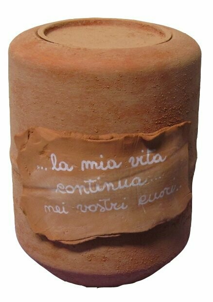 URNA CINERARIA IN METALLO EFFETTO TERRACOTTA CON DEDICA