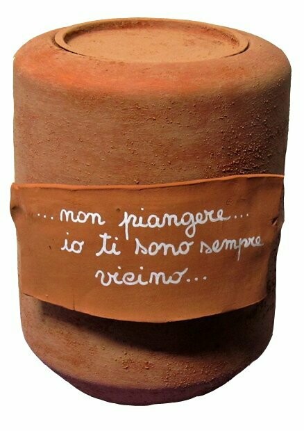 URNA CINERARIA  IN METALLO EFFETTO TERRACOTTA CON DEDICA