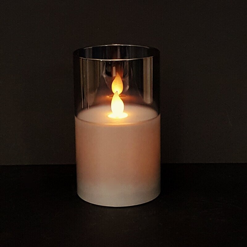 2763 - CANDELA A LED IN CERA CON VETRO "FUME GRIGIO" IRIDESCENTE CON EFFETTO VERA FIAMMA IN MOVIMENTO