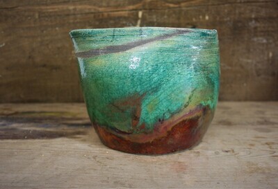 Vaso in ceramica raku verde e rame craquelé fatto a mano per composizioni floreali senza foro di drenaggio Vaso in ceramica raku verde e rame craquelé fatto a mano per composizioni floreali senza foro di drenaggio