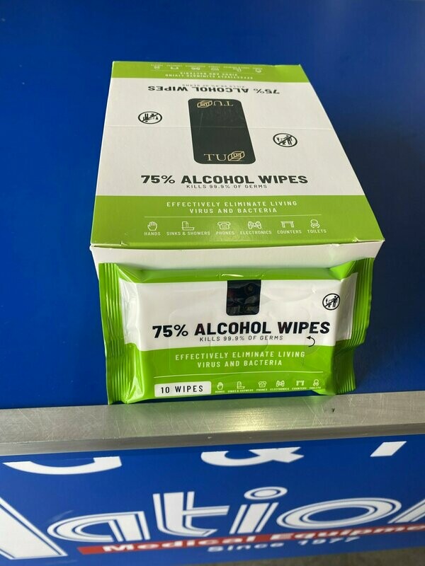 ALCOHOL WIPES, TRAVEL SIZE, 10 10-PACKS PER BOX (TOTAL 100 WIPES)