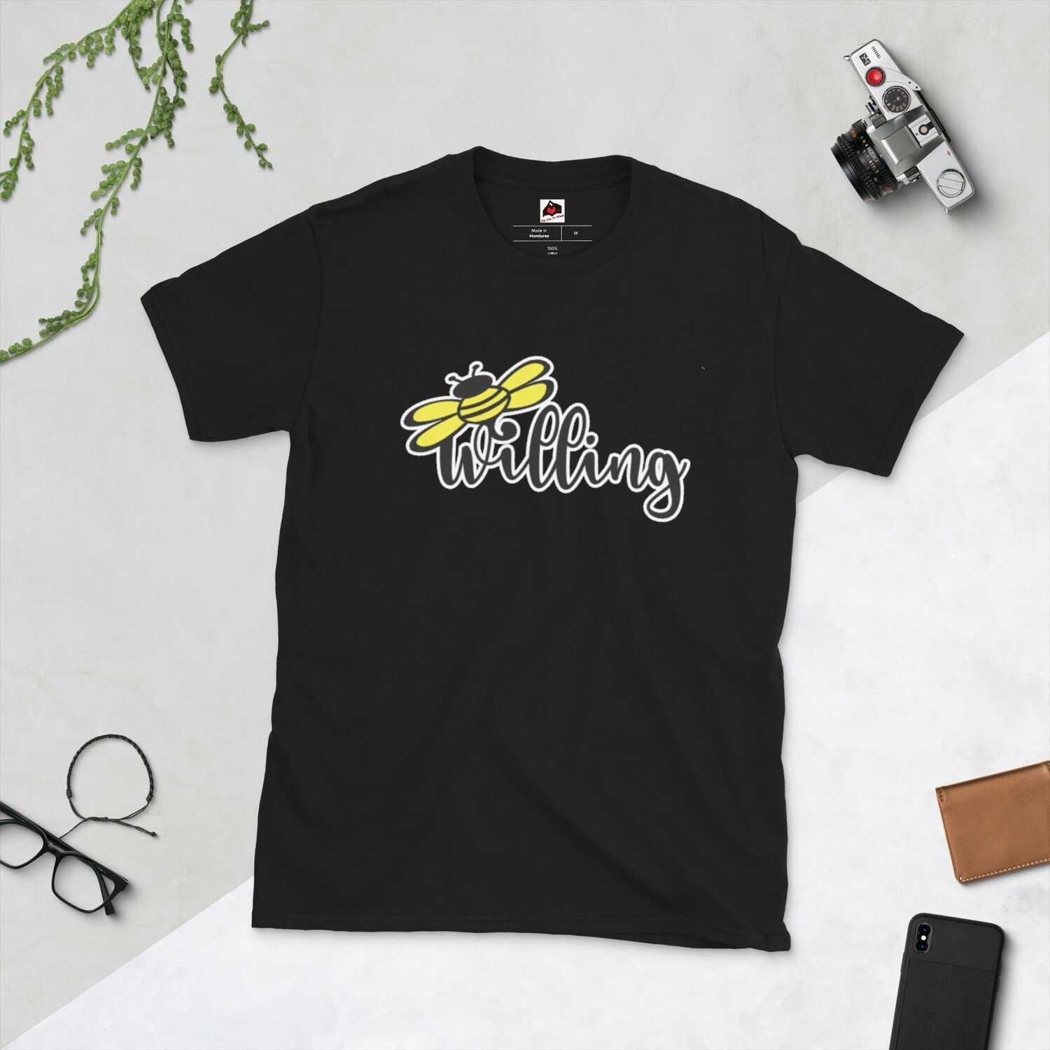 The Bee Series: "Bee Willing" Short-Sleeve Unisex Black T-Shirt, Size: S