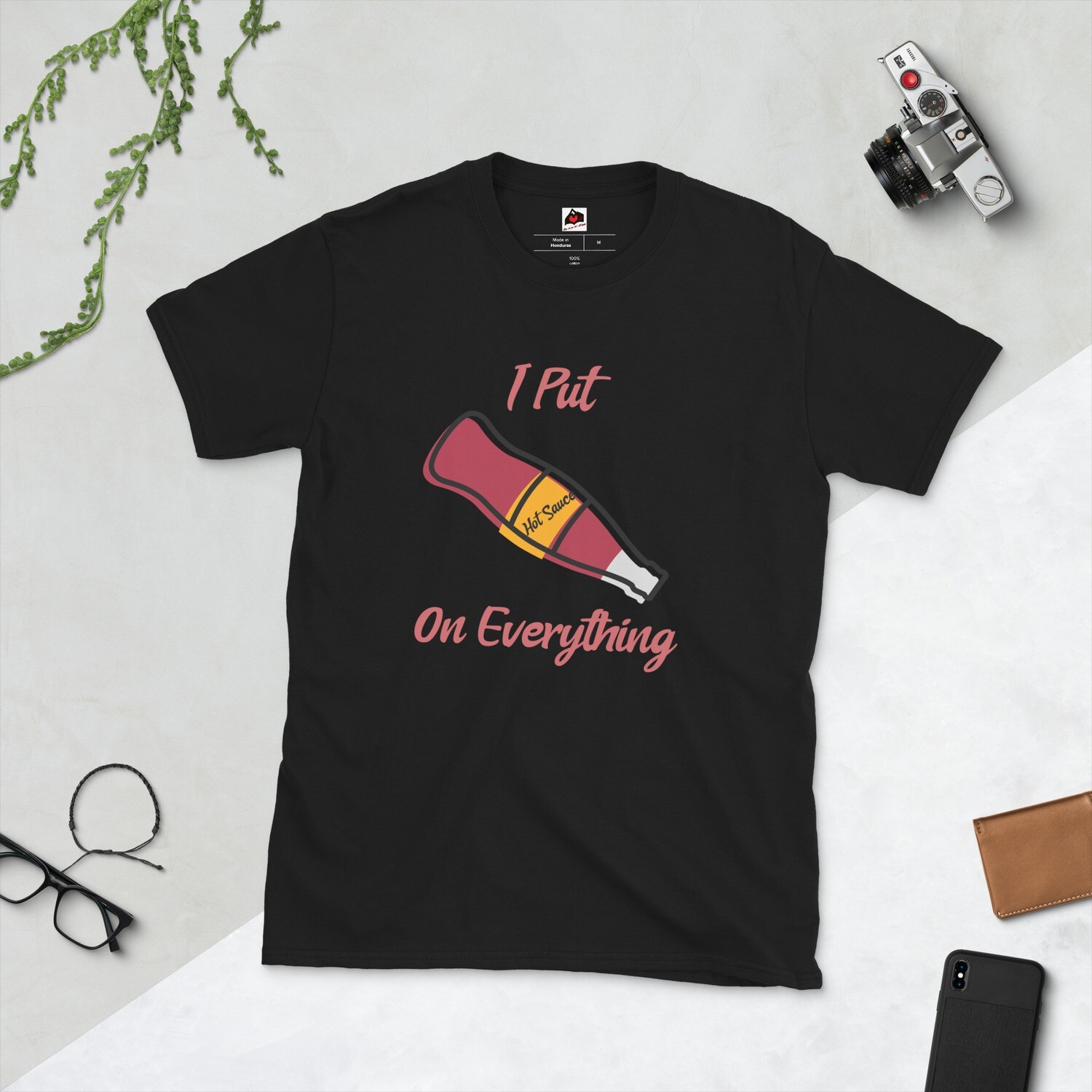 "I Put Hot Sauce on Everything" Short-Sleeve Unisex Black T-Shirt, Size: S