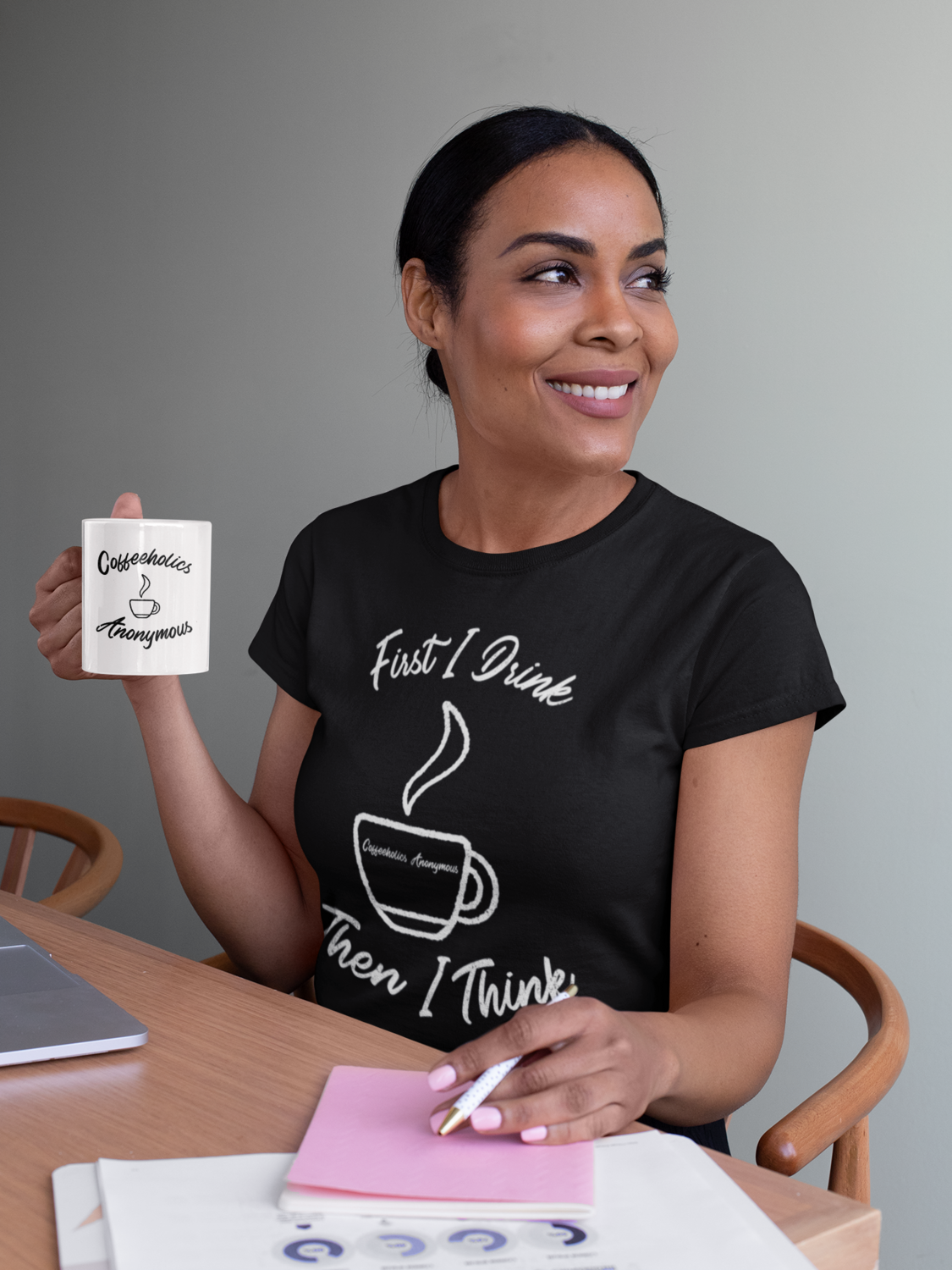 "First I Drink [Coffee}, Then I Think... Coffeeholics Anonymous" Unisex Short-sleeved T-Shirt