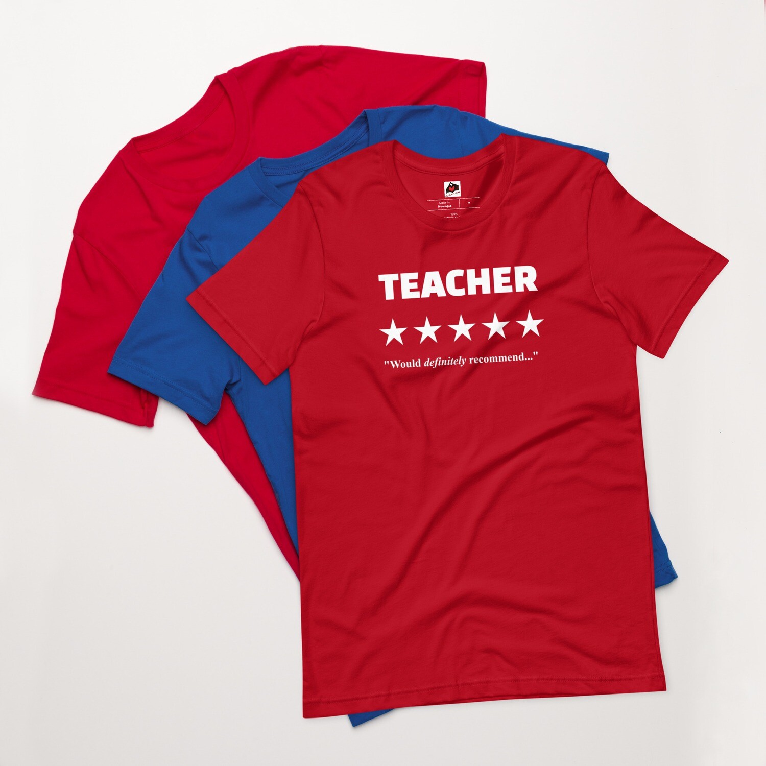 "Teacher - Five Stars, Would definitely recommend." Unisex Short-sleeved t-shirt, Color: Red, Size: XS