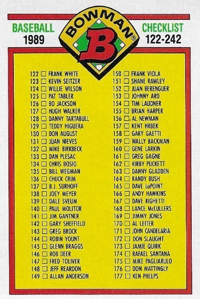 Checklist / Cards 122-242 | Bowman #482 | Baseball Trading Card | 1989