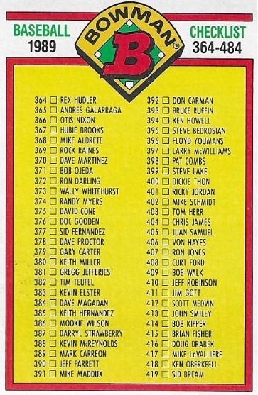 Checklist / Cards 364-484 | Bowman #484 | Baseball Trading Card | 1989