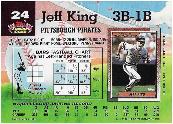 1992 Stadium Club Jeff King Pittsburgh Pirates #24