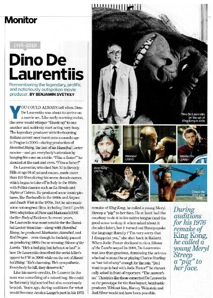 De Laurentiis, Dino / Remembering the Legendary Movie Producer | Magazine Article | November 2010