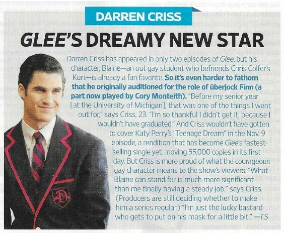 Criss, Darren / Glee's Dreamy New Star | Magazine Article | November 2010
