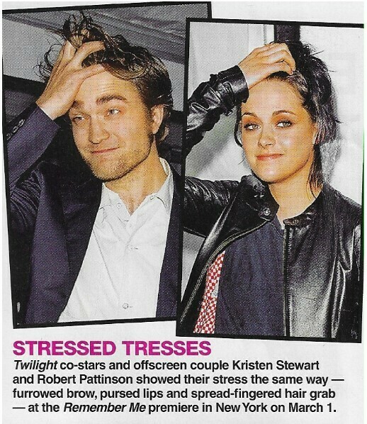 Pattinson, Robert / Stressed Tresses | 2 Magazine Photos with Caption | March 2010 | with Kristen Stewart