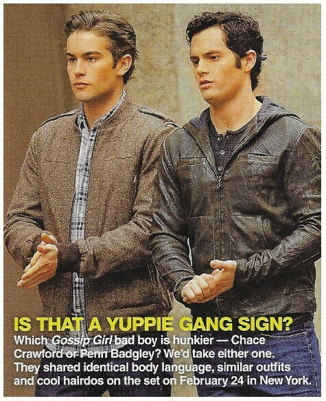 Crawford, Chace / Is That a Yuppie Gang Sign? | Magazine Photo with Caption | March 2010 | with Penn Badgley