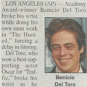 Del Toro, Benicio / Broken Wrist Delays Movie Production | June 2001