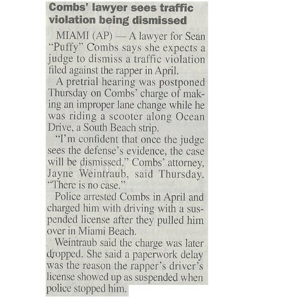 Combs, Sean "Puffy" / Combs' Lawyer Sees Traffic Violation Being Dismissed | June 2001