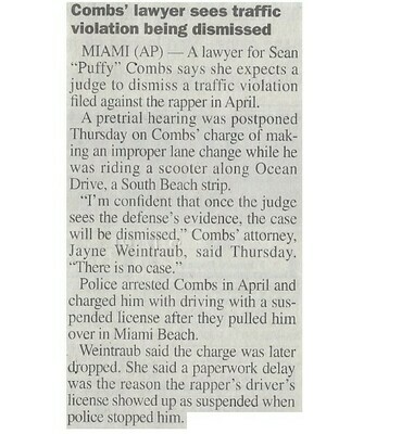 Combs, Sean "Puffy" / Combs' Lawyer Sees Traffic Violation Being Dismissed | June 2001