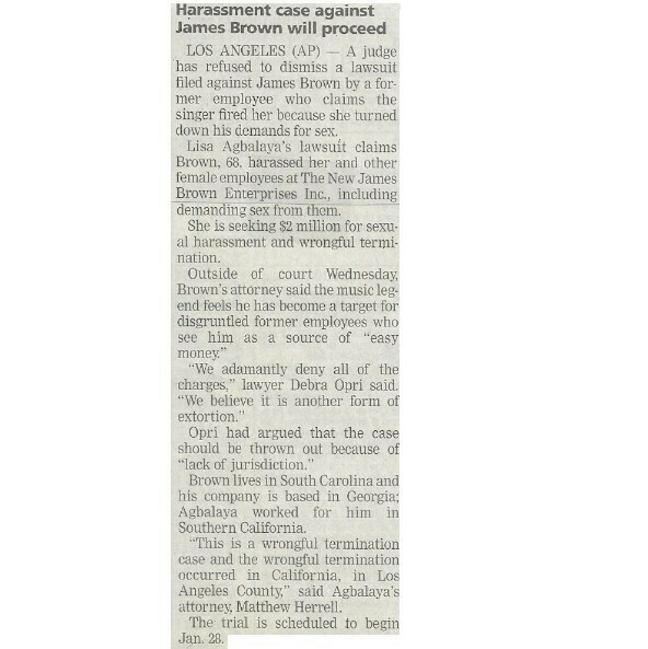 Brown, James / Harassment Case Against James Brown Will Proceed (2001)