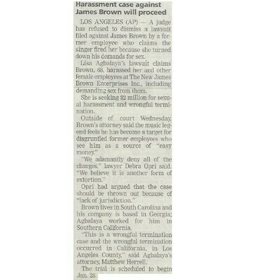 Brown, James / Harassment Case Against James Brown Will Proceed (2001)