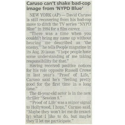 Caruso, David / Caruso Can't Shake Bad-Cop Image from 'NYPD Blue' (2001)