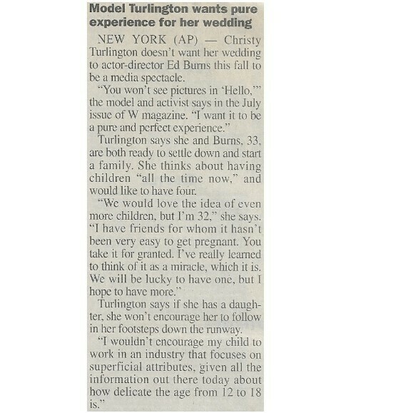 Turlington, Christy / Model Turlington Wants Pure Experience for Her Wedding | Newspaper Article | June 2001
