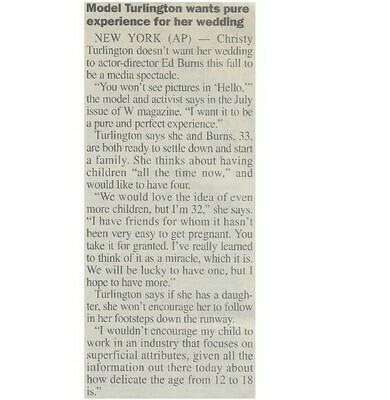 Turlington, Christy / Model Turlington Wants Pure Experience for Her Wedding / 2001