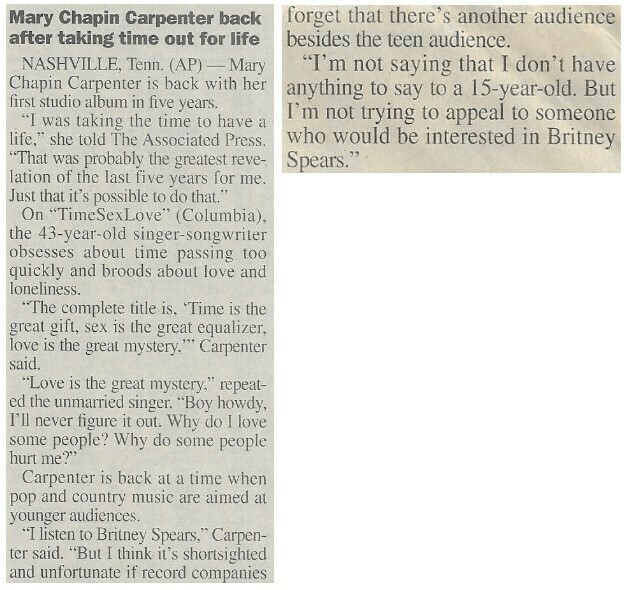 Carpenter, Mary Chapin / Back After Taking Time Out for Life | Newspaper Article | June 2001