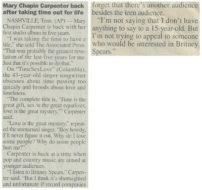 Carpenter, Mary Chapin / Back After Taking Time Out for Life | Newspaper Article | June 2001