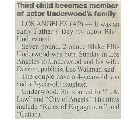 Underwood, Blair / Third Child Becomes Member of Actor Underwood&#39;s Family | Newspaper Article | June 2001