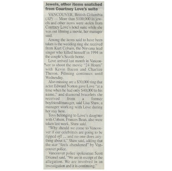 Love, Courtney / Jewels, Other Items Snatched from Suite | Newspaper Article | June 2001