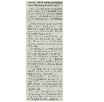 Love, Courtney / Jewels, Other Items Snatched from Suite | Newspaper Article | June 2001