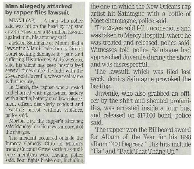 Juvenile / Man Allegedly Attacked By Rapper Files Lawsuit | Newspaper Article | June 2001