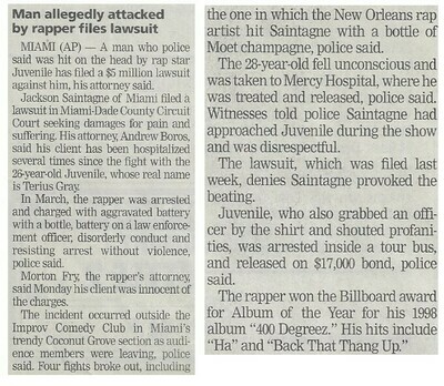 Juvenile / Man Allegedly Attacked By Rapper Files Lawsuit | Newspaper Article | June 2001