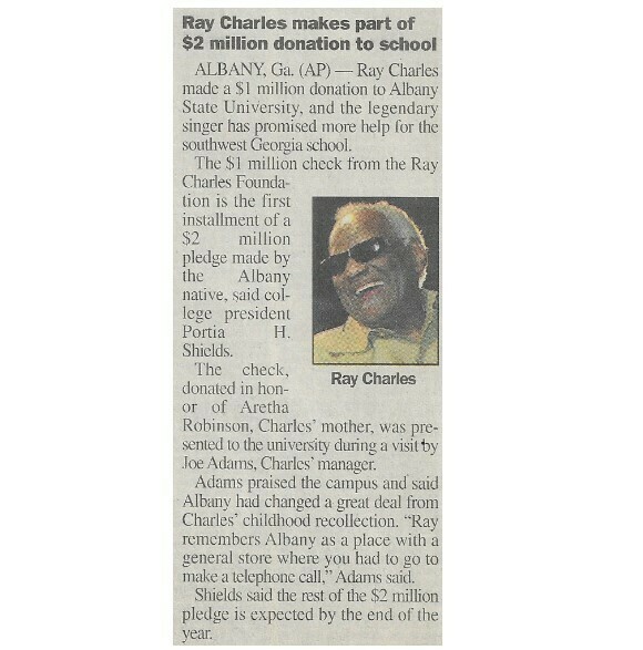 Charles, Ray / Ray Charles Makes Part of $2 Million Donation to School | Newspaper Article | June 2001