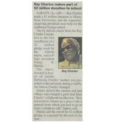Charles, Ray / Ray Charles Makes Part of $2 Million Donation to School | Newspaper Article | June 2001