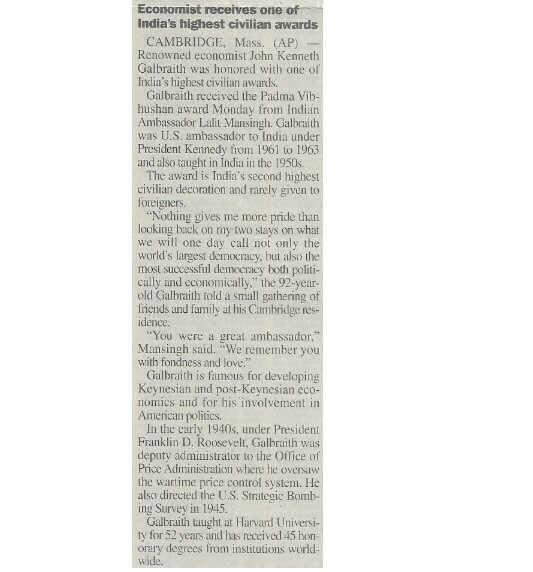Galbraith, John Kenneth / Economist Receives One of India&#39;s Highest Civilian Awards | Newspaper Article | June 2001