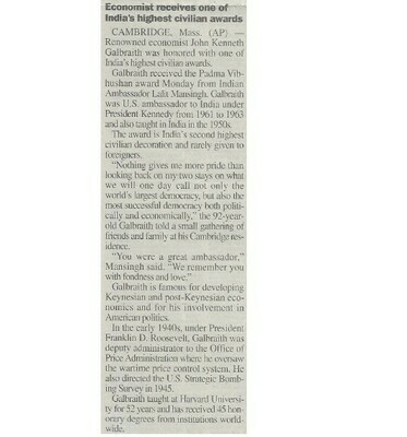 Galbraith, John Kenneth / Economist Receives One of India&#39;s Highest Civilian Awards | Newspaper Article | June 2001