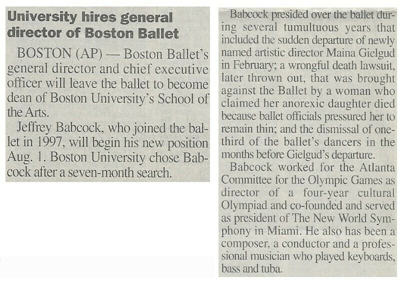 Babcock, Jeffrey / University Hires General Director of Boston Ballet | Newspaper Article | June 2001