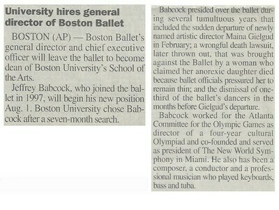 Babcock, Jeffrey / University Hires General Director of Boston Ballet | Newspaper Article | June 2001