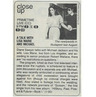 Jackson, Michael / Primetime Live (Close Up) | Magazine Article | June 1995 | with Lisa Marie Presley