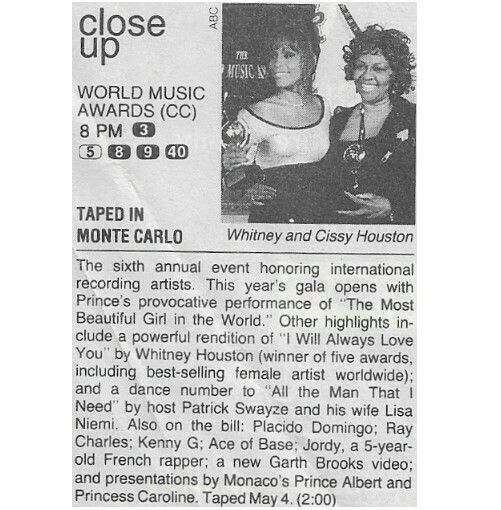 Houston, Whitney / World Music Awards (Close Up) | May 1994 | with Cissy Houston