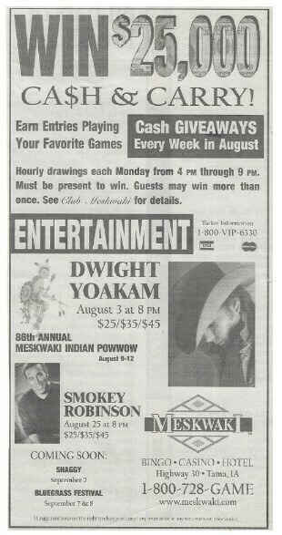 Yoakam, Dwight / Tama, Iowa (Meskwaki) | Newspaper Ad | August 2001 | with Smokey Robinson