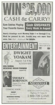 Yoakam, Dwight / Tama, Iowa (Meskwaki) | Newspaper Ad | August 2001 | with Smokey Robinson