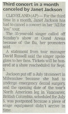 Jackson, Janet / Third Concert in a Month Canceled by Janet Jackson | August 2001
