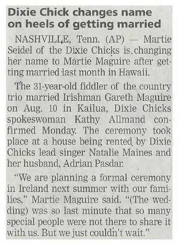 Dixie Chicks, The / Dixie Chick Changes Name On Heels of Getting Married | Martie Seidel | September 2001